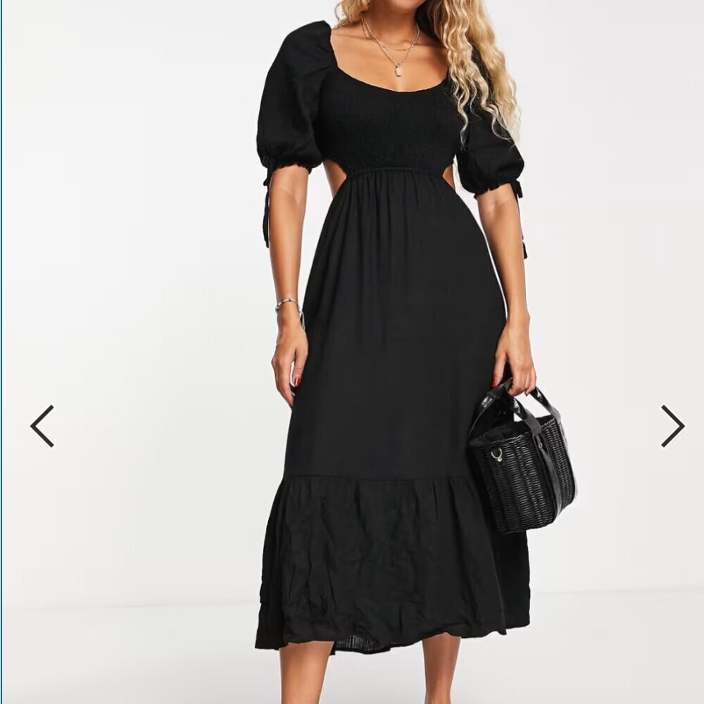 The Frolic Fin Linen Shirred Front Puff Sleeve Midi Summer Dress Black Size 8